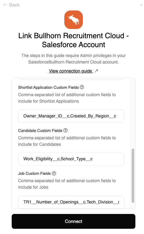 Salesforce Bullhorn Custom Fields Account Configuration