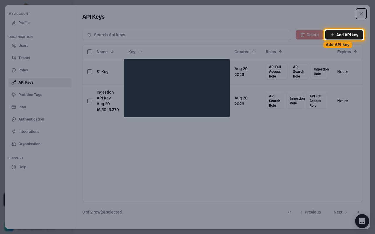 Bronto API Keys list with the Add API key button highlighted