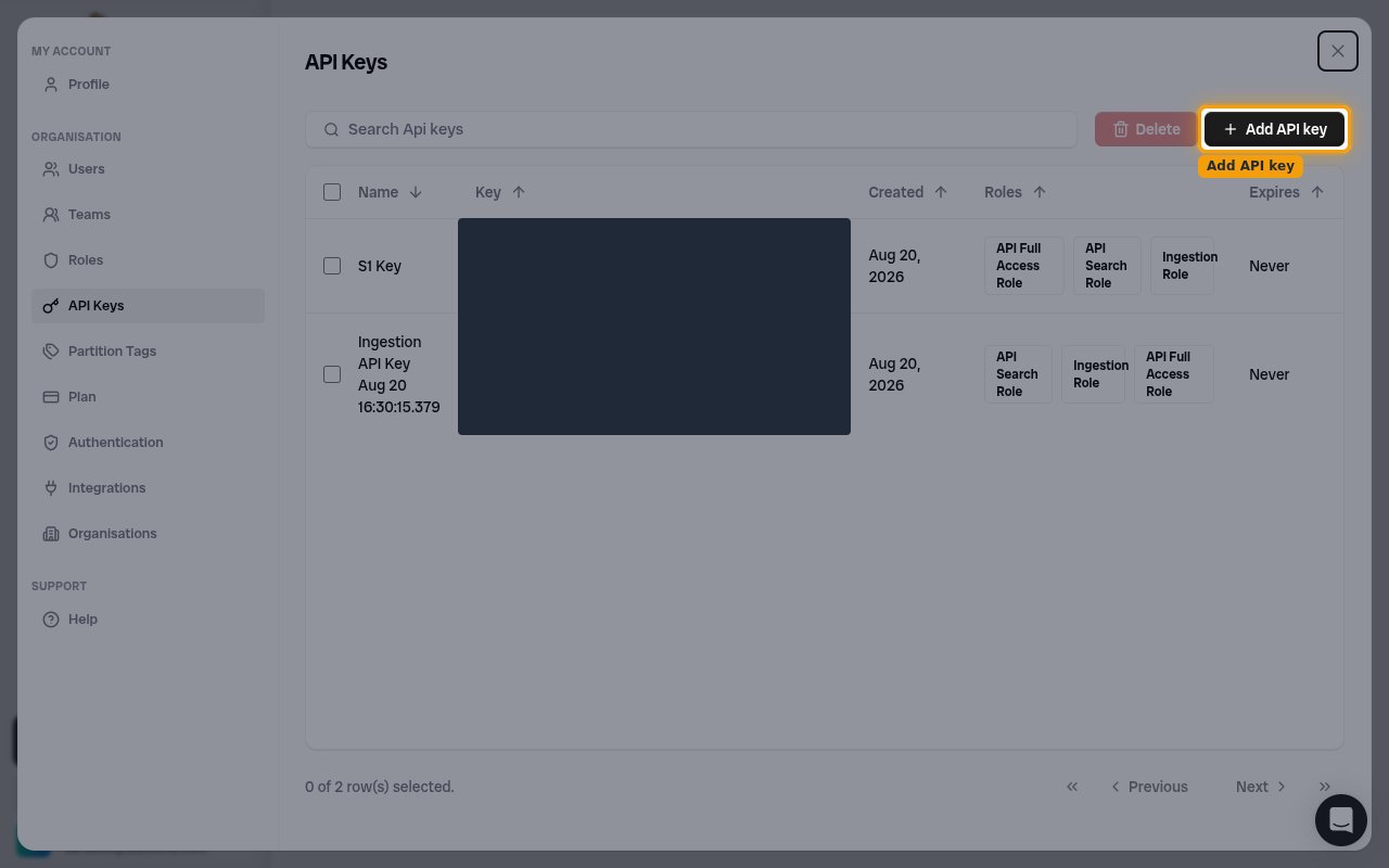 Bronto API Keys list with the Add API key button highlighted