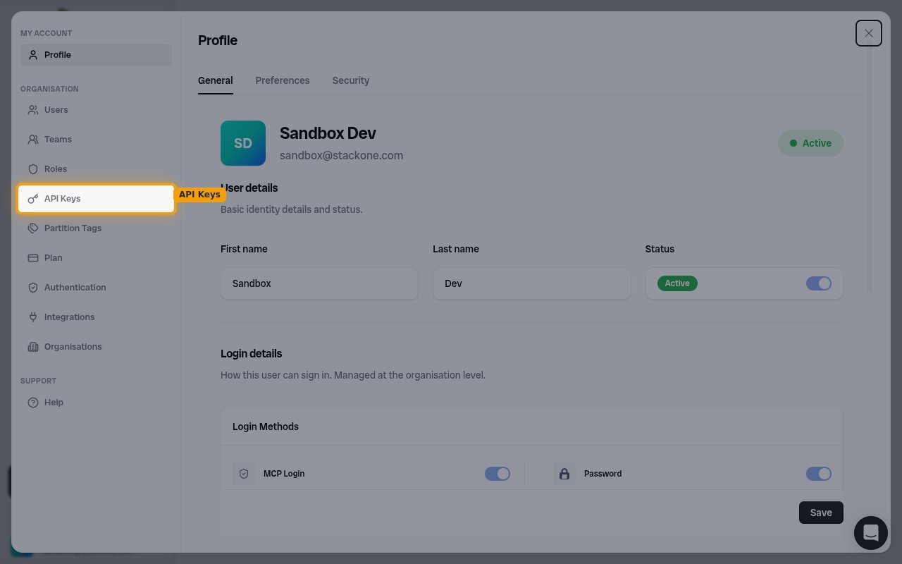 Bronto Settings dialog with API Keys highlighted under the Organisation section