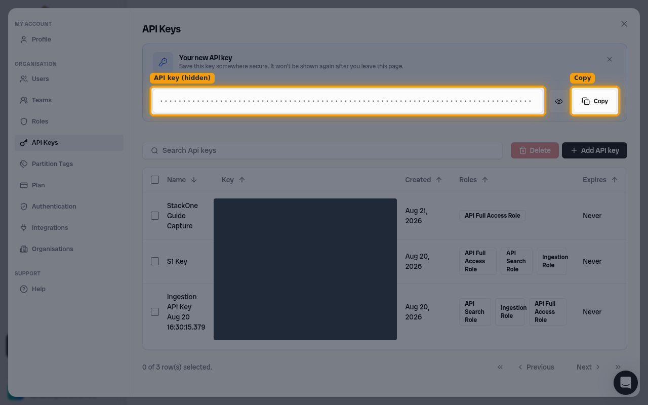 Bronto Your new API key banner with the masked key value and the Copy button highlighted