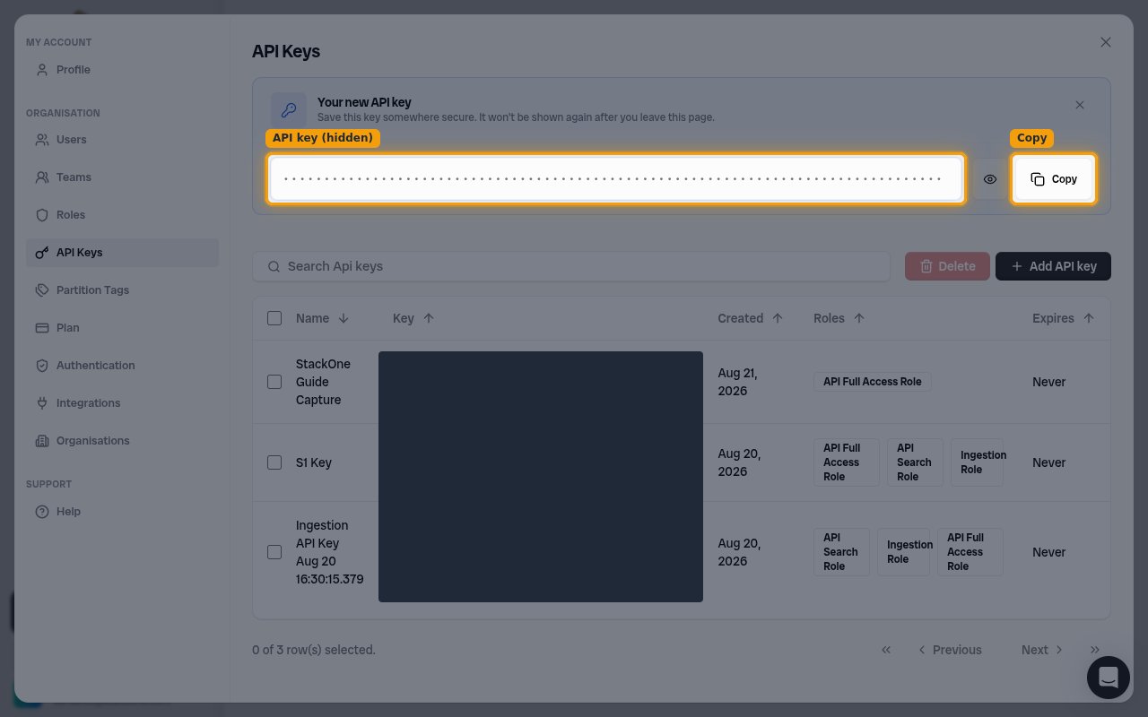 Bronto Your new API key banner with the masked key value and the Copy button highlighted