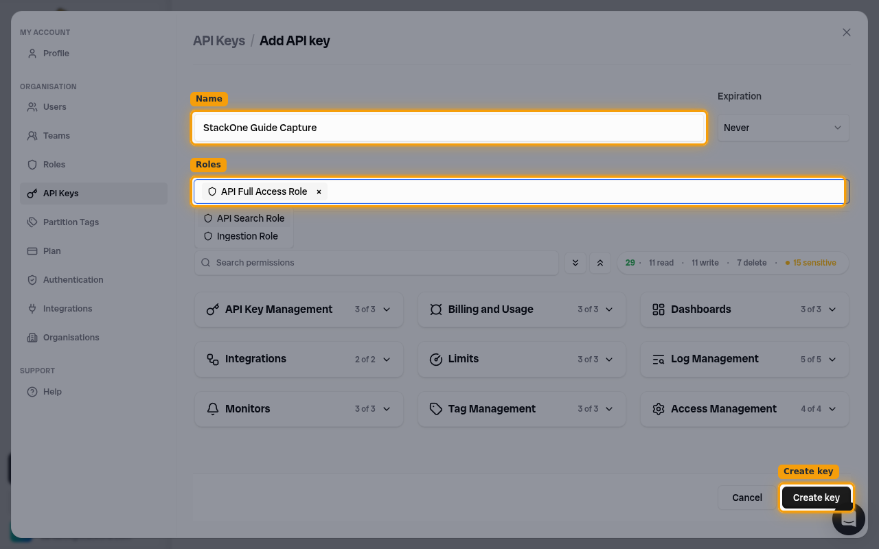 Bronto Add API key form showing the Name field, Roles selector, Expiration, and Create key button