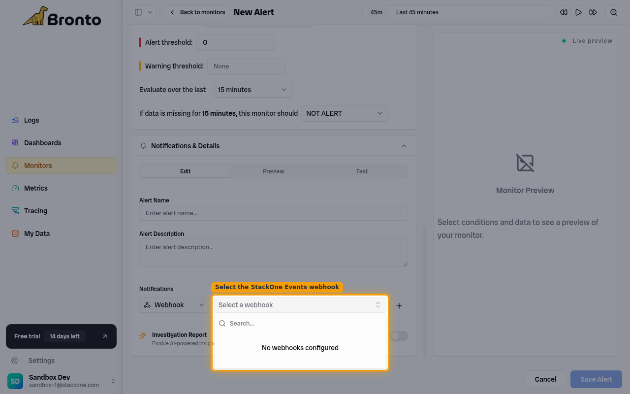 Bronto monitor Notifications with the Webhook type selected and the Select a webhook dropdown open