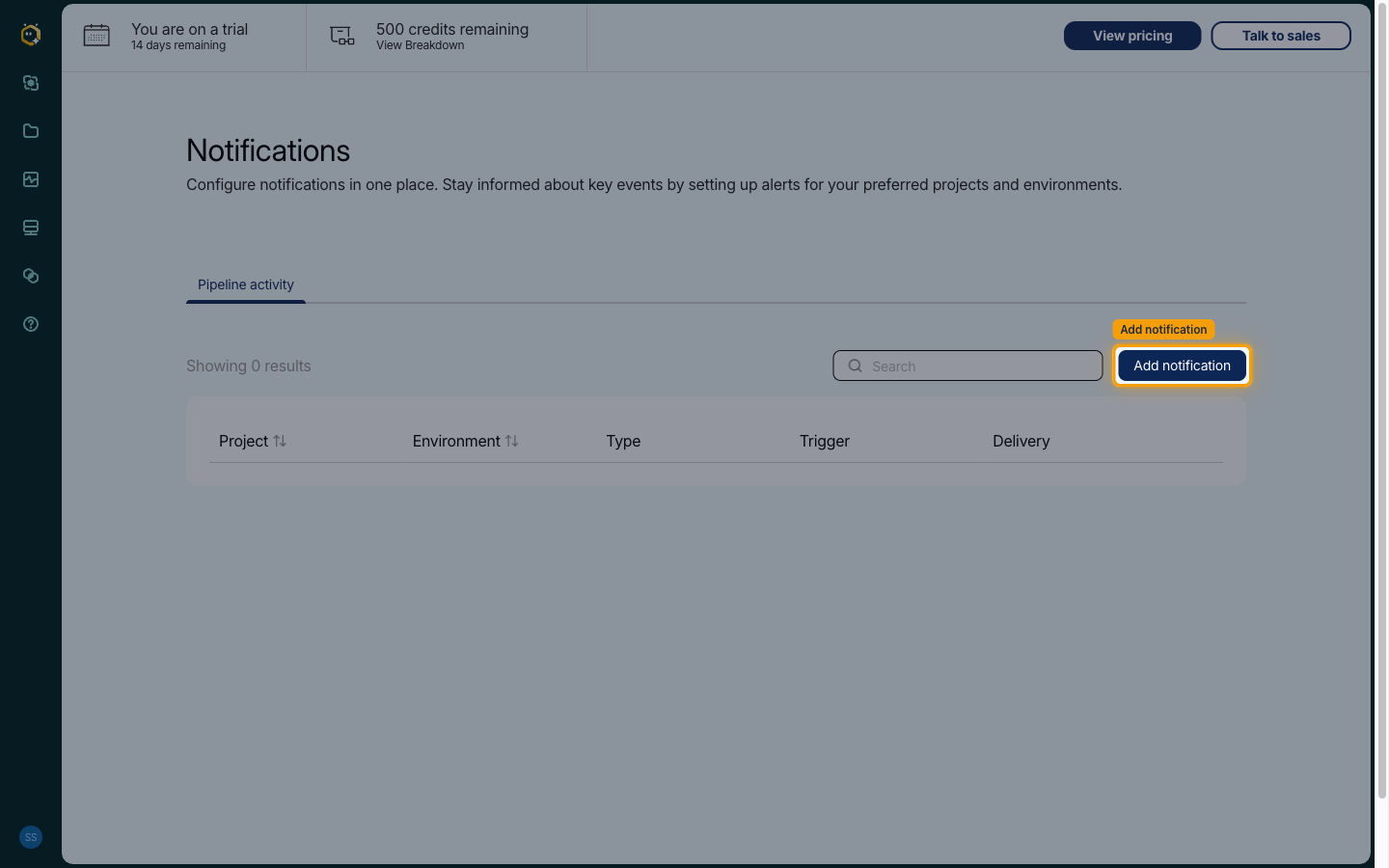 Notifications page with the Add notification button highlighted
