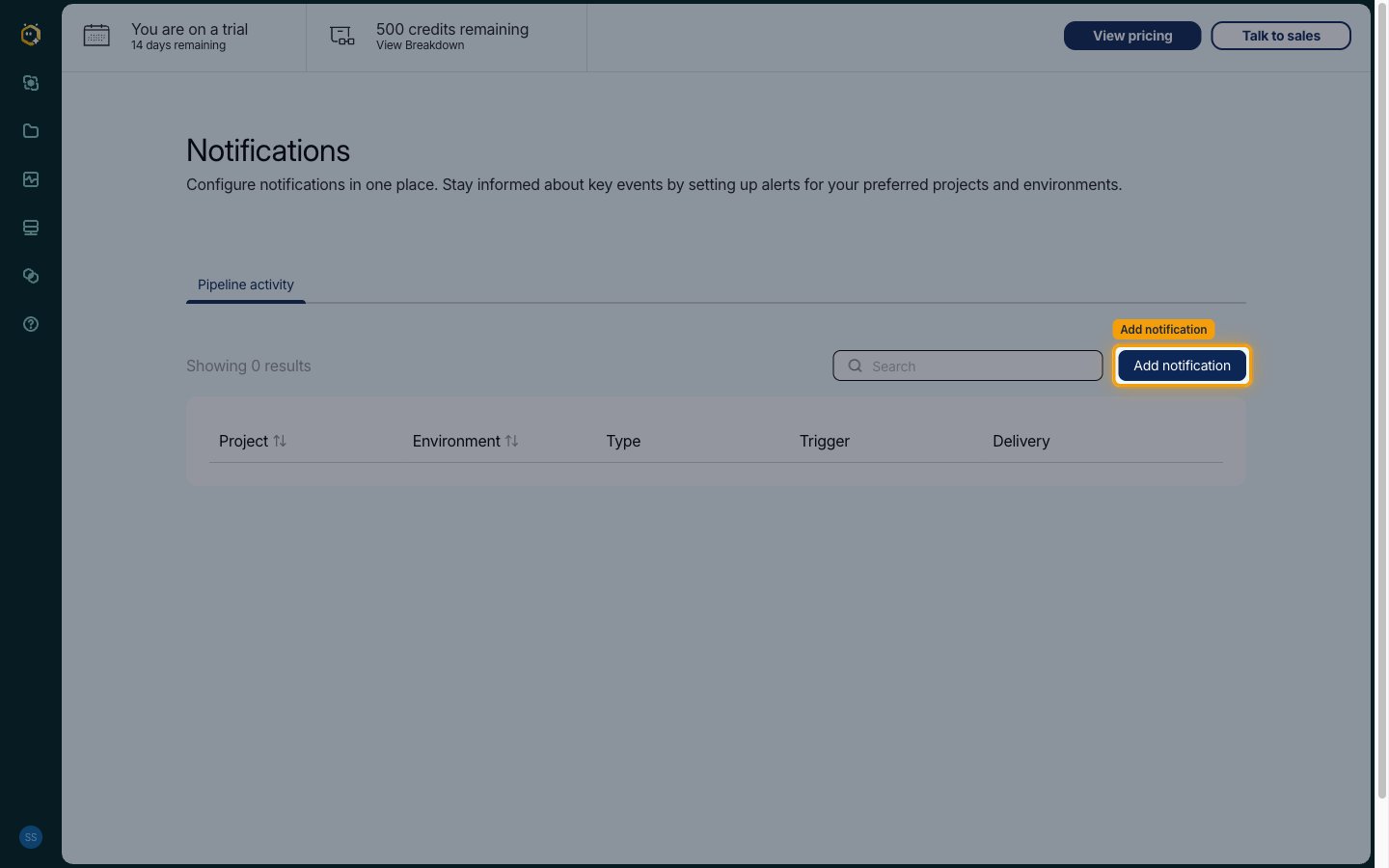 Notifications page with the Add notification button highlighted