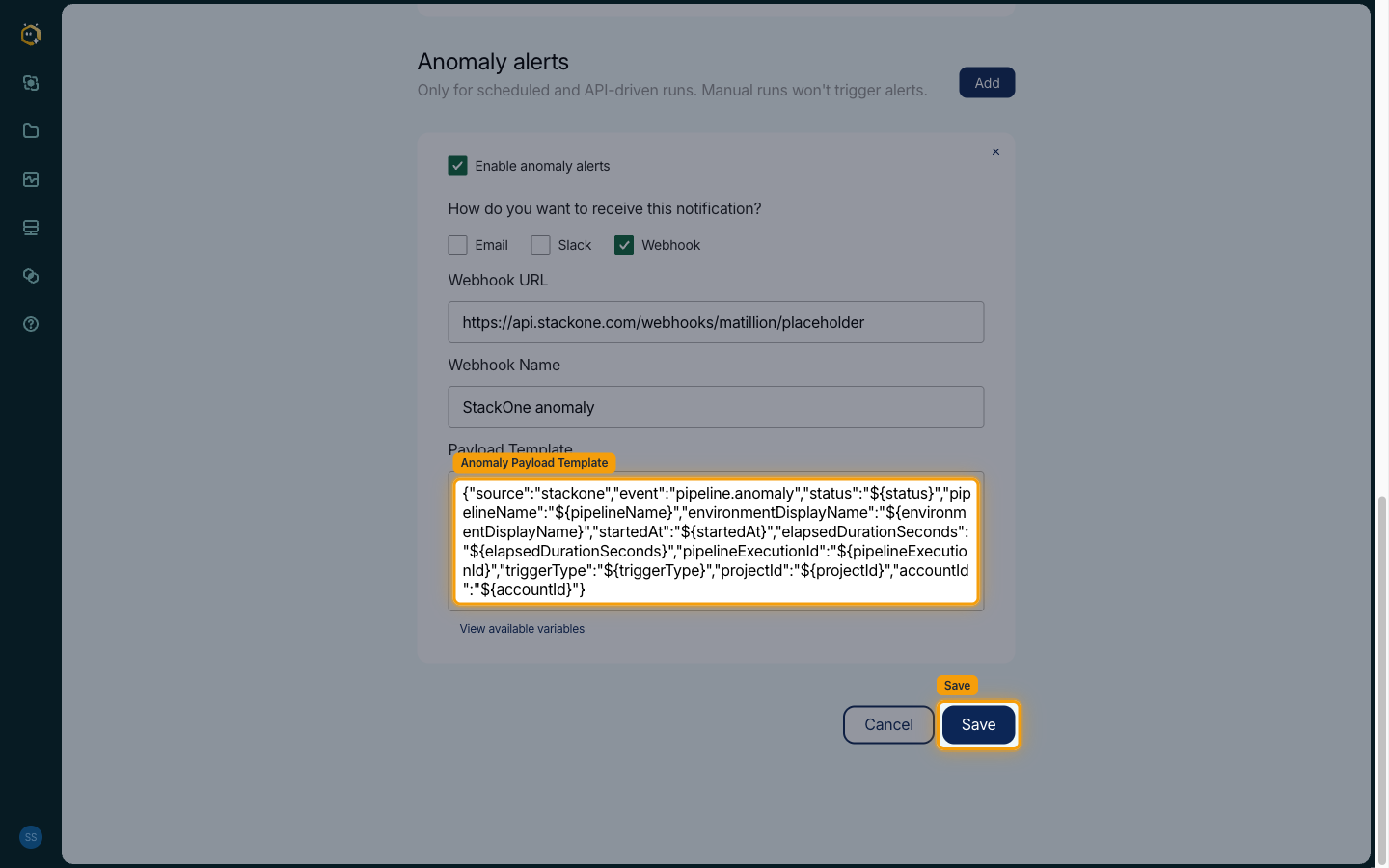 Anomaly alerts card with the anomaly payload template filled and the Save button highlighted