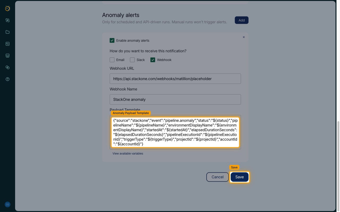 Anomaly alerts card with the anomaly payload template filled and the Save button highlighted