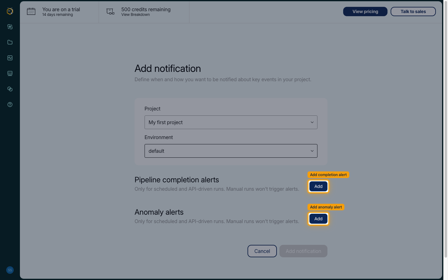 Add buttons highlighted for the Pipeline completion alerts and Anomaly alerts sections