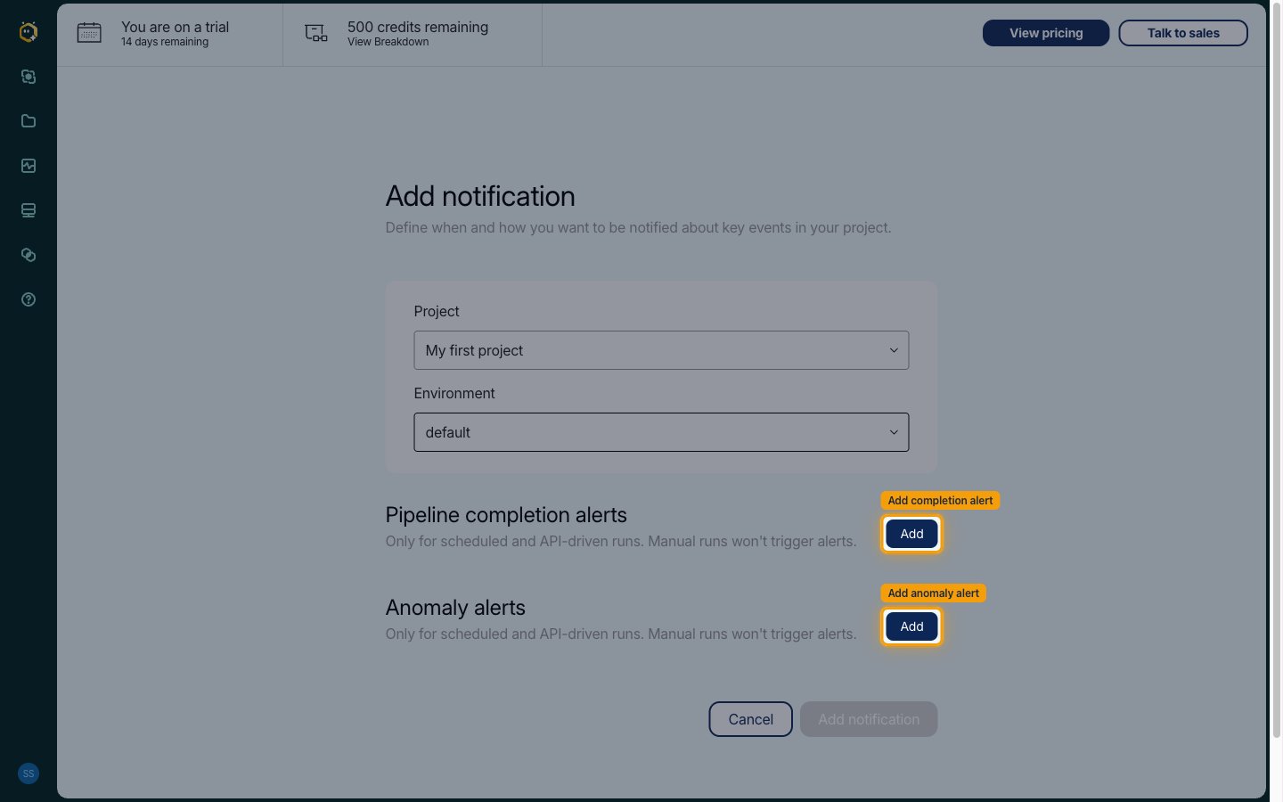 Add buttons highlighted for the Pipeline completion alerts and Anomaly alerts sections