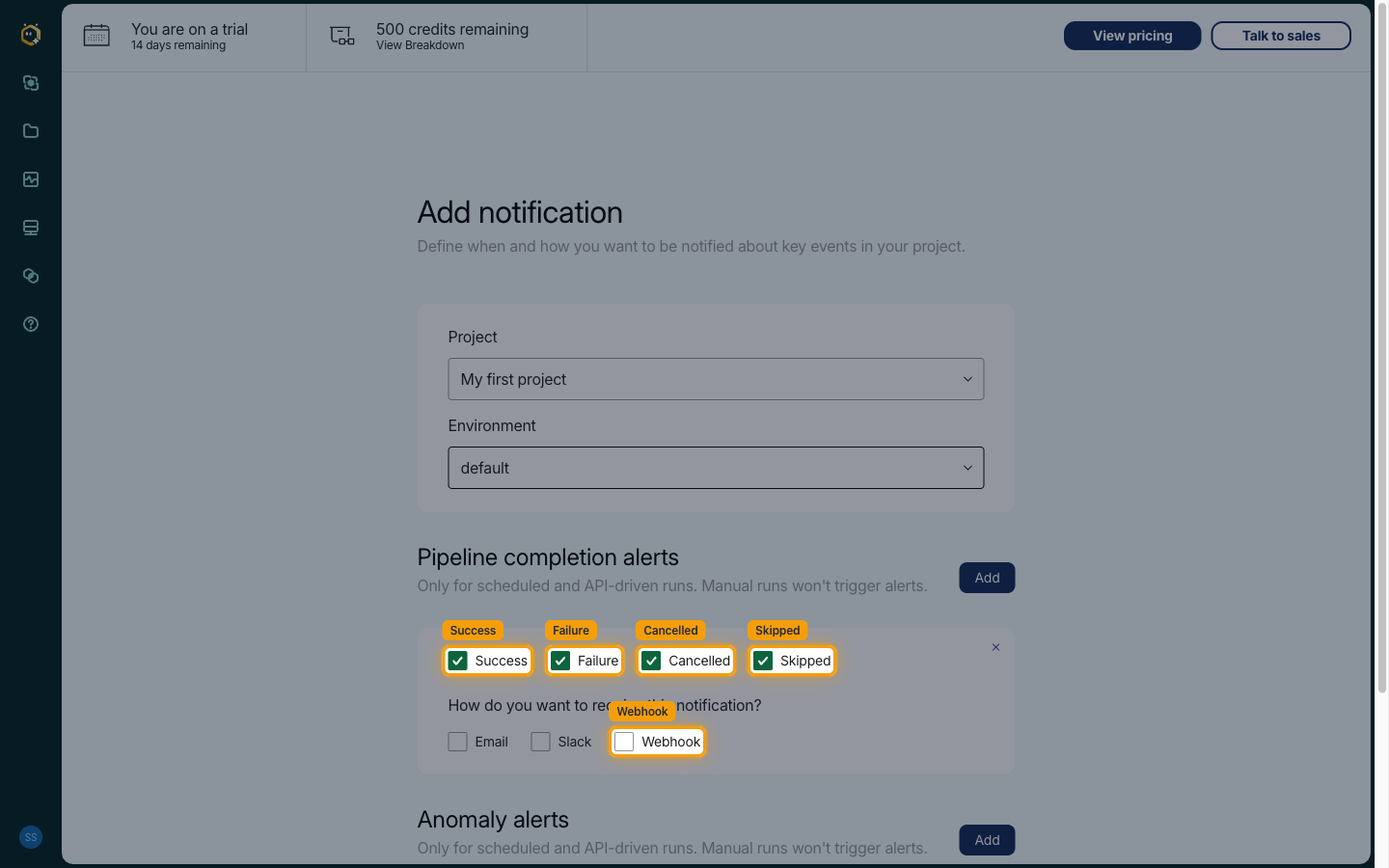 Completion alert card with the Success, Failure, Cancelled and Skipped checkboxes ticked and the Webhook delivery option highlighted
