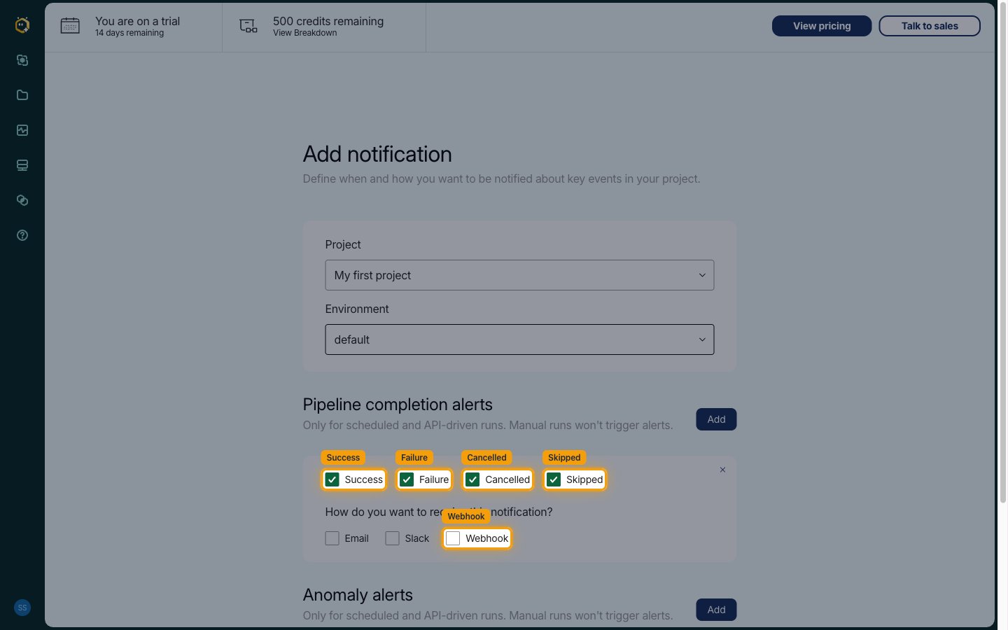 Completion alert card with the Success, Failure, Cancelled and Skipped checkboxes ticked and the Webhook delivery option highlighted