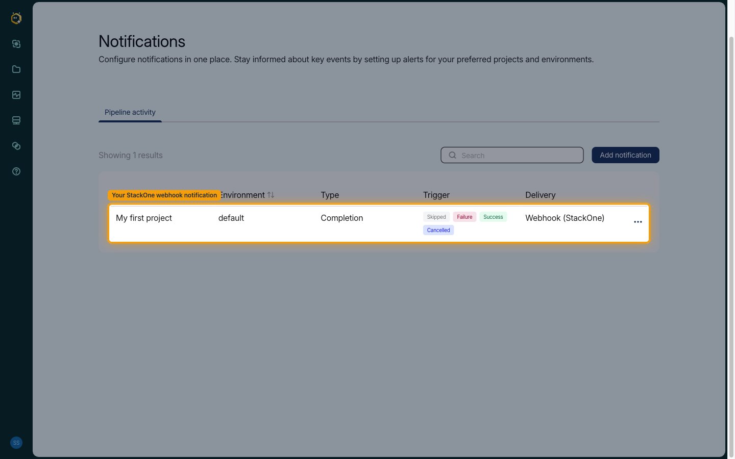 Notifications list showing the saved StackOne webhook notification row