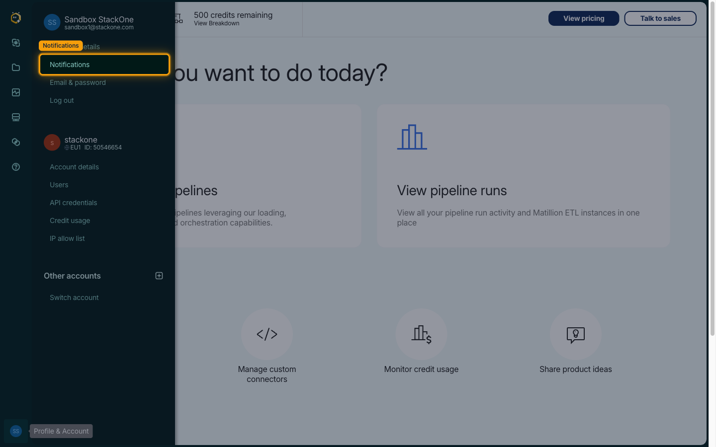 Profile & Account menu open with the Notifications item highlighted