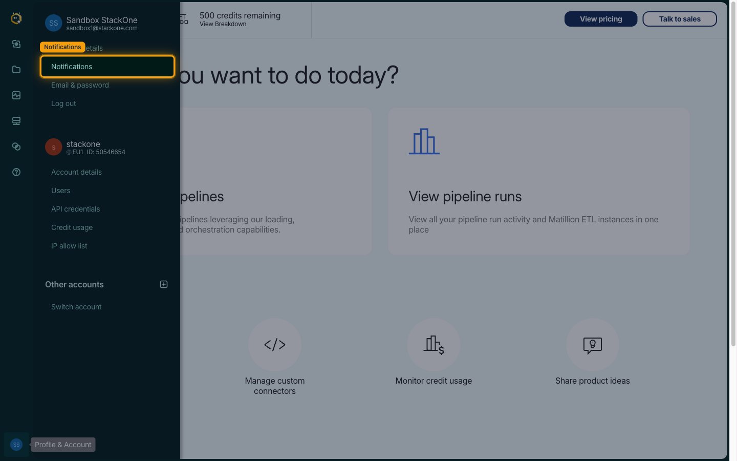 Profile & Account menu open with the Notifications item highlighted