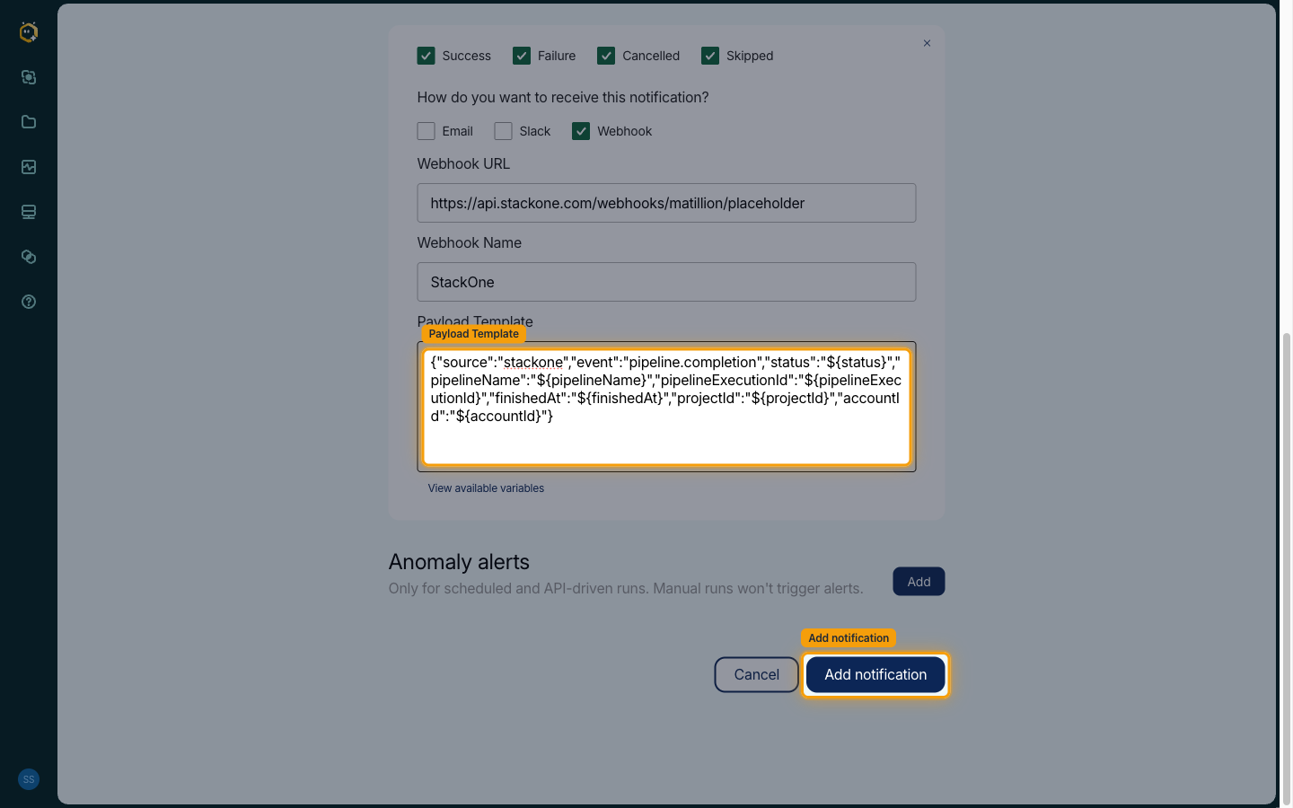 Payload Template filled with the StackOne completion template and the Add notification button highlighted