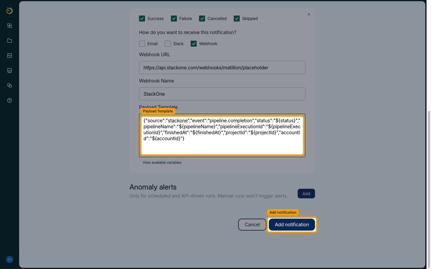 Payload Template filled with the StackOne completion template and the Add notification button highlighted