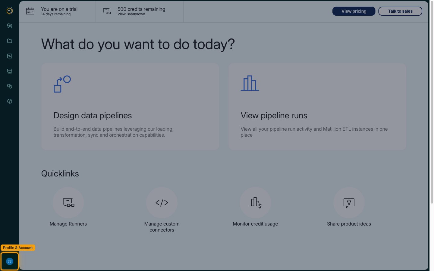 Matillion home page with the Profile & Account button highlighted in the left navigation bar
