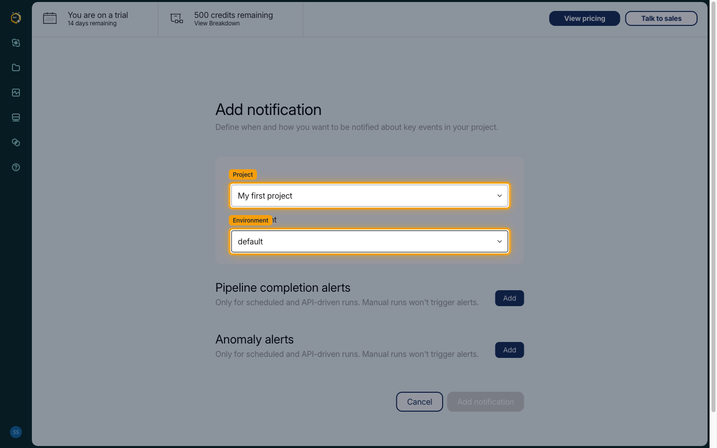 Add notification form with the Project and Environment selects highlighted
