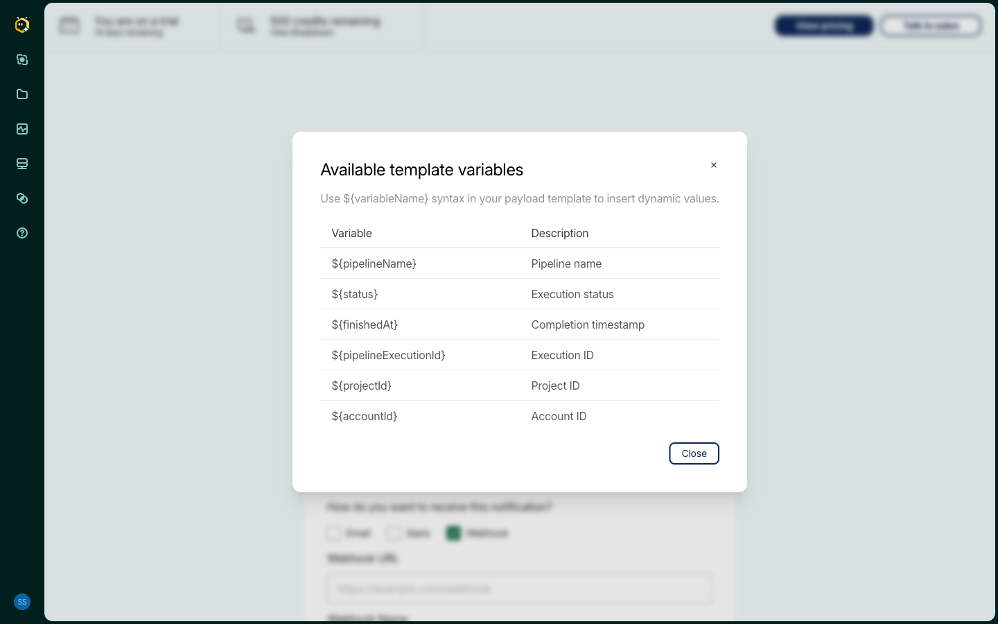 Available template variables dialog listing the completion alert variables