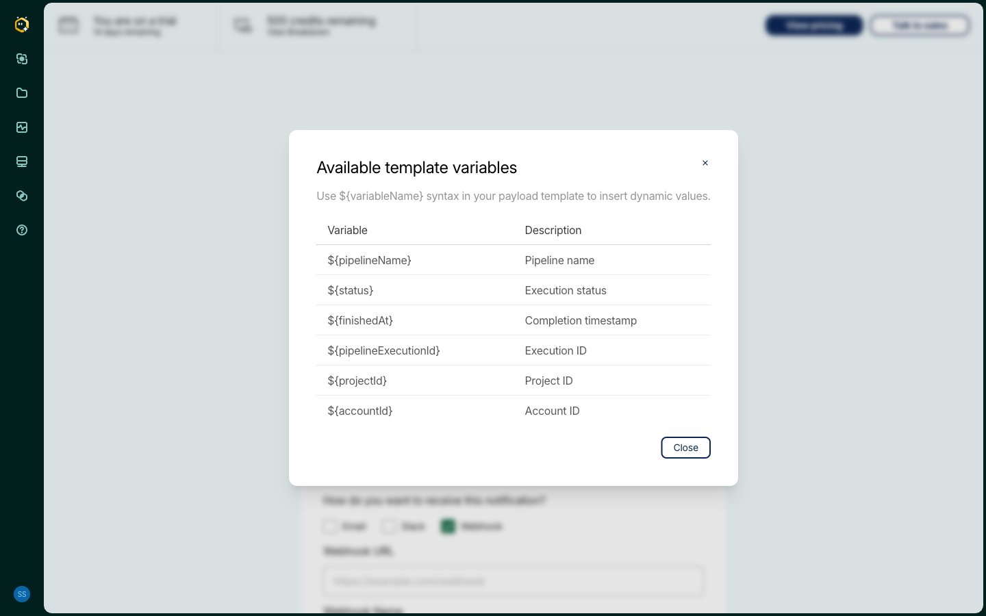 Available template variables dialog listing the completion alert variables