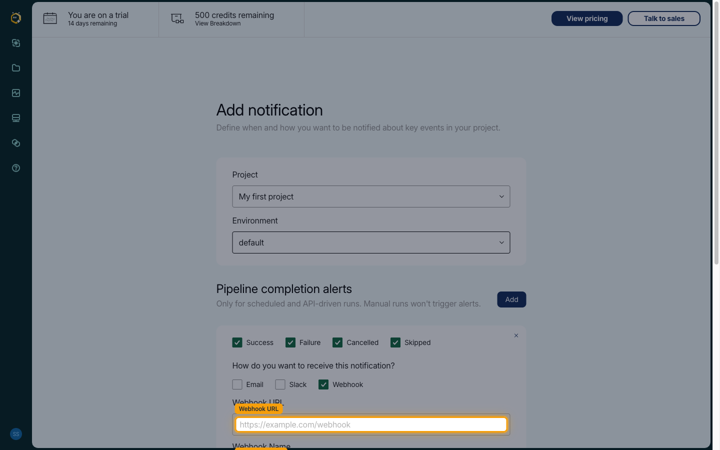 Webhook URL, Webhook Name and Payload Template fields shown after ticking Webhook