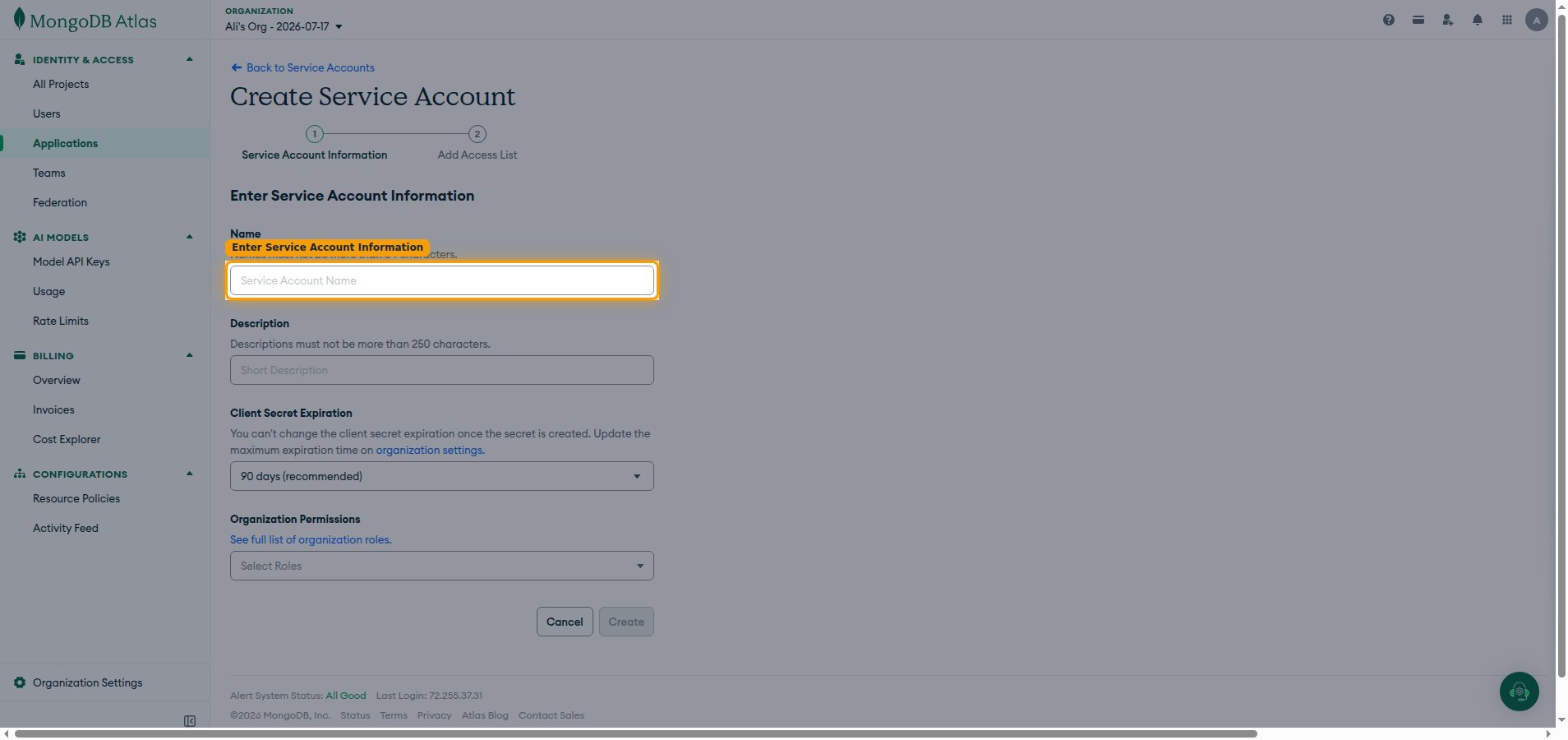 The Create Service Account form in MongoDB Atlas showing the Name, Description, Client Secret Expiration, and Organization Permissions fields.