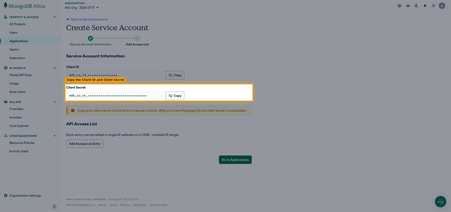 The Service Account Information screen in MongoDB Atlas showing the Client ID and Client Secret with Copy buttons (values redacted).