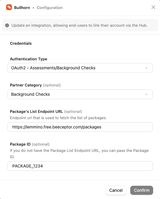 Bullhorn Configuration Form