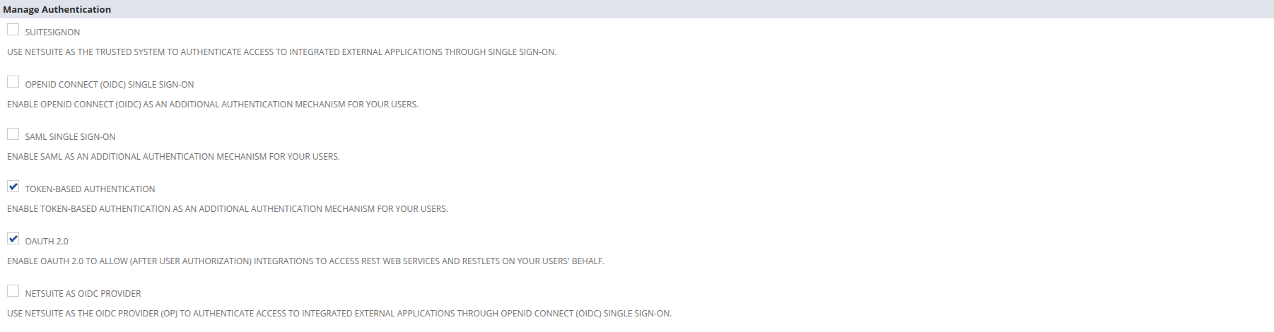 Enable Features SuiteCloud subtab, Manage Authentication section with OAuth 2.0 checked