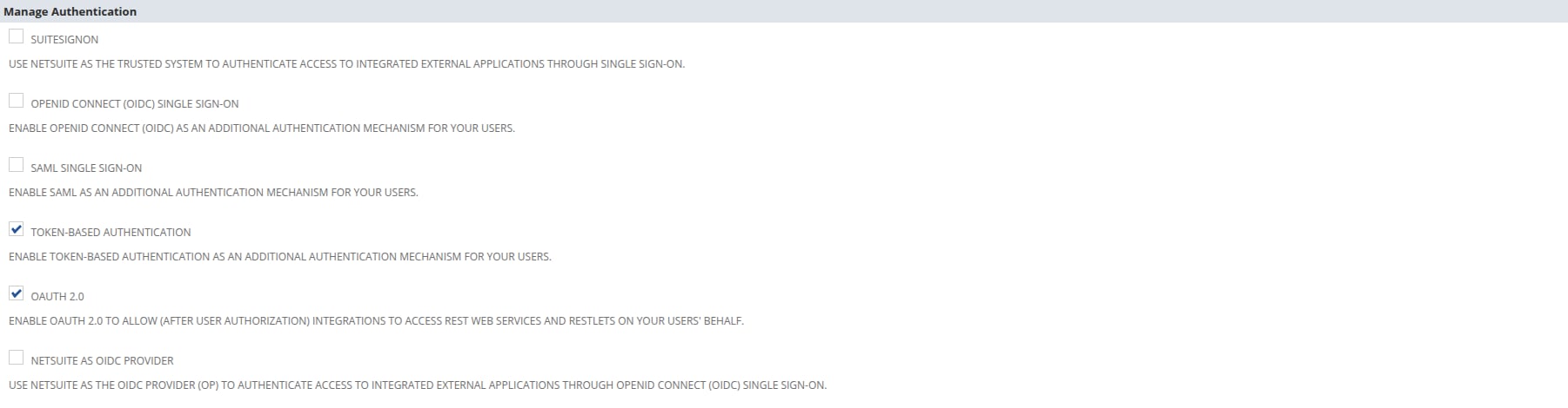 Enable Features SuiteCloud subtab, Manage Authentication section with OAuth 2.0 checked