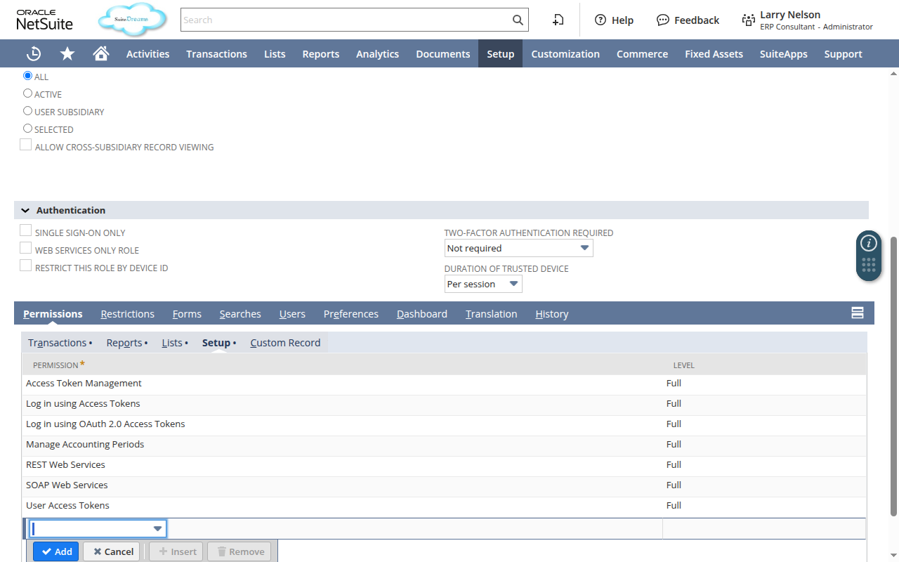 Role Permissions subtab with the Setup sub-tab selected, showing REST Web Services and Log in using OAuth 2.0 Access Tokens set to Level Full