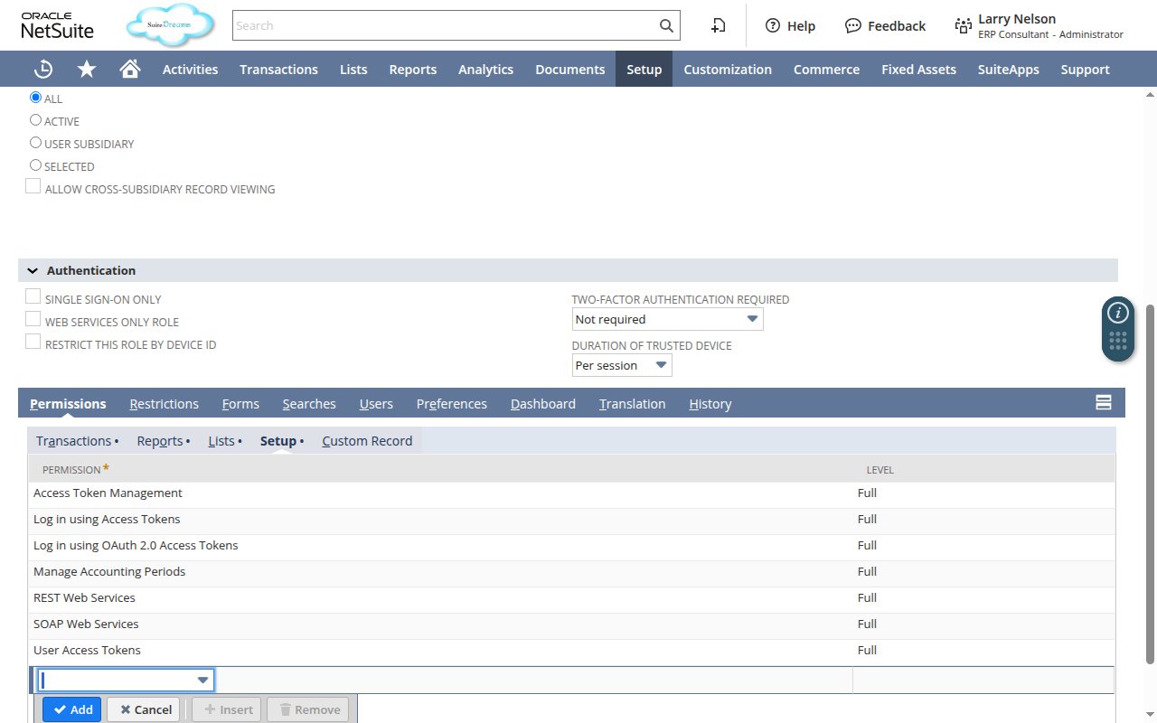 Role Permissions subtab with the Setup sub-tab selected, showing REST Web Services and Log in using OAuth 2.0 Access Tokens set to Level Full