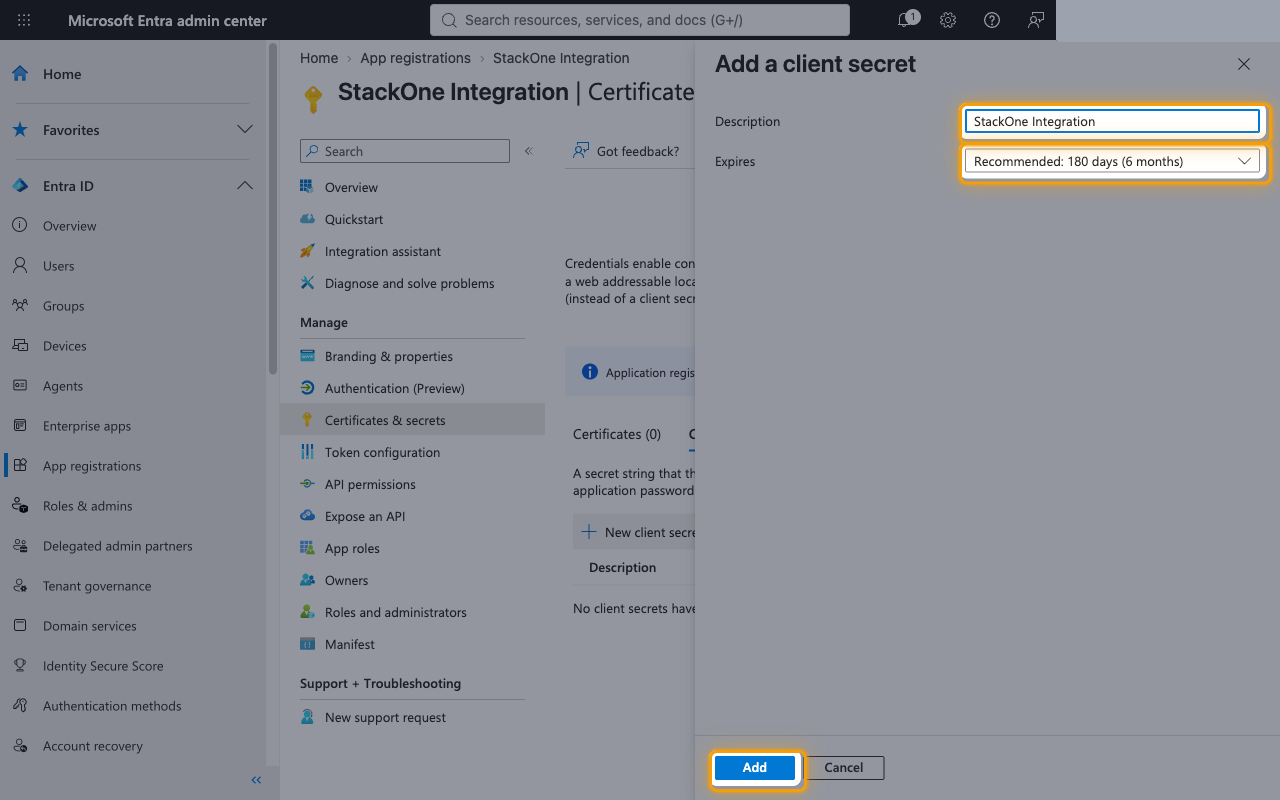 Add a client secret panel with the Description, Expires and Add controls highlighted