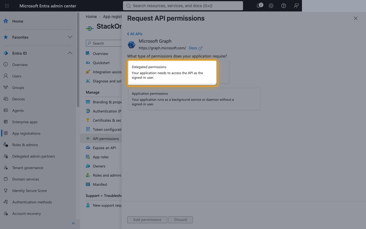 Permission type selection with Delegated permissions highlighted