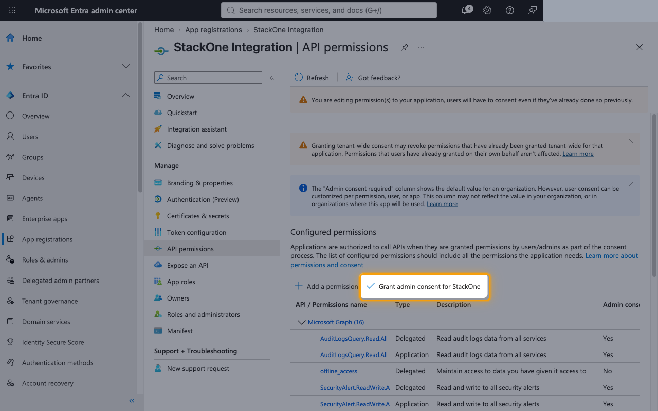 API permissions page with the Grant admin consent button highlighted