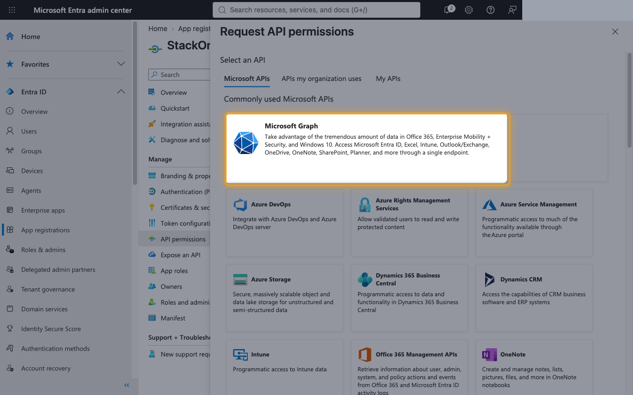 Request API permissions panel with the Microsoft Graph tile highlighted