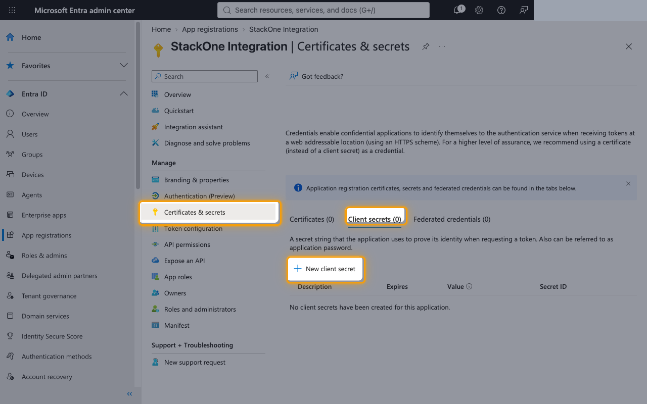 Certificates & secrets page with the Client secrets tab and New client secret button highlighted