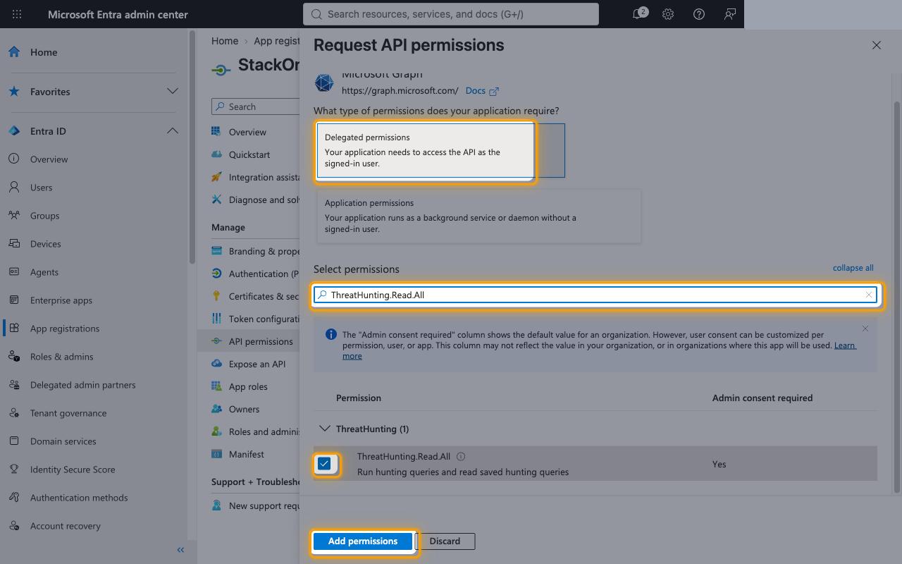 Delegated permission search with a selected permission and the Add permissions button highlighted