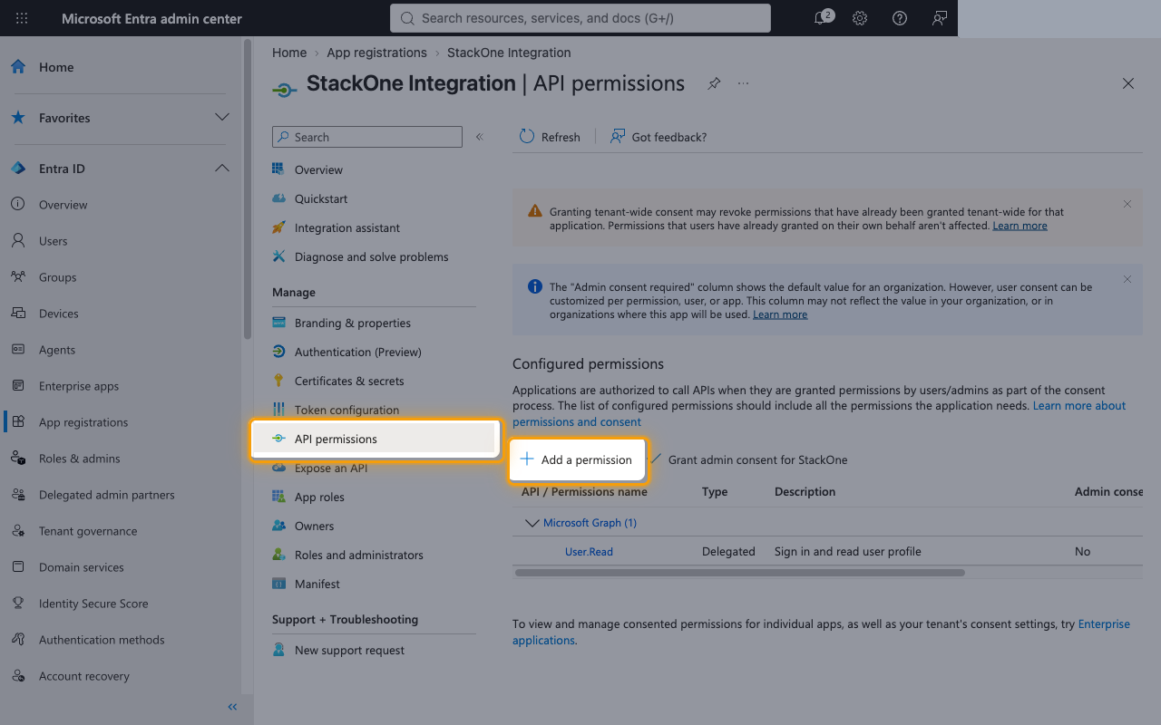API permissions page with the API permissions menu item and Add a permission button highlighted