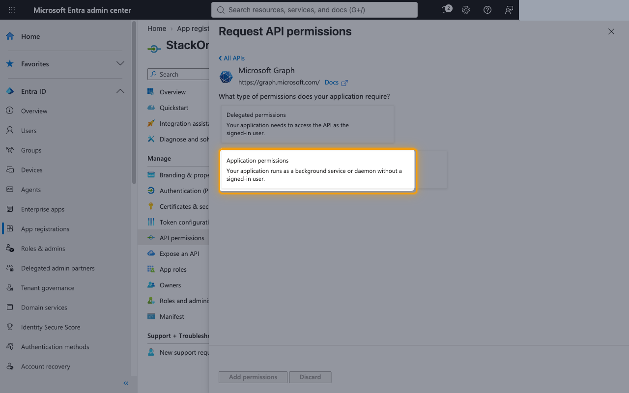 Permission type selection with Application permissions highlighted