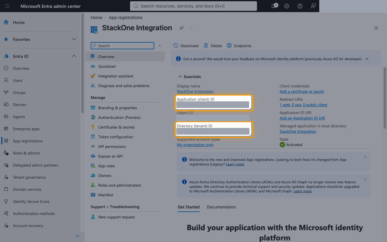 App Overview page with the Application (client) ID and Directory (tenant) ID fields highlighted and their values blurred