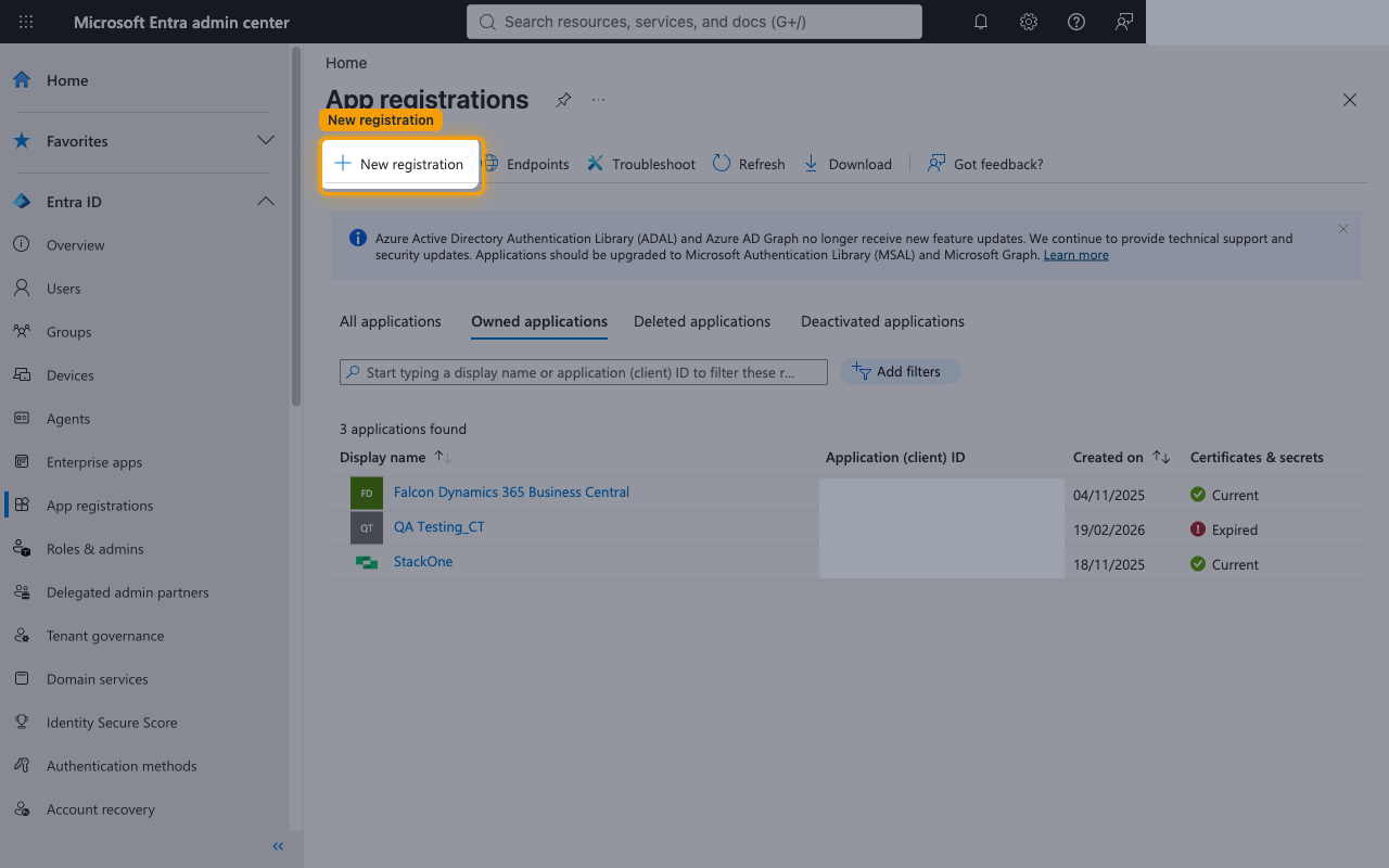 App registrations page with the New registration button highlighted