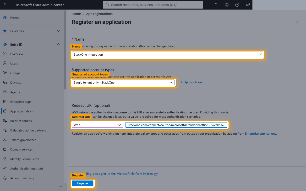 Register an application form with the Name, Supported account types and Register button highlighted