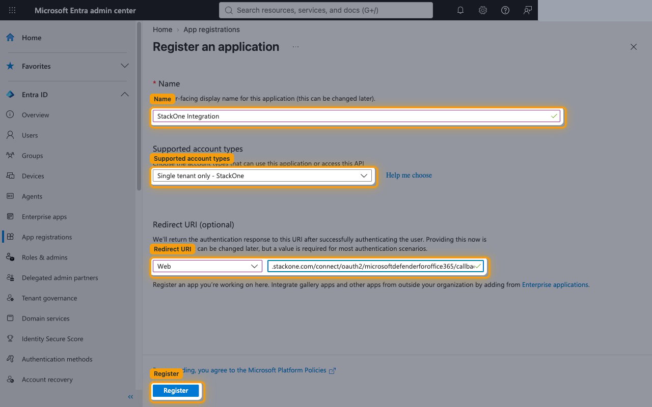Register an application form with the Name, Supported account types and Register button highlighted