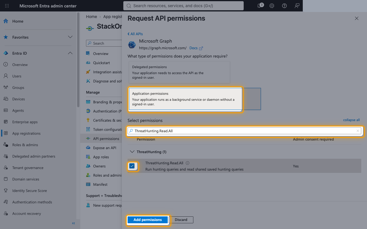 Application permission search with a selected permission and the Add permissions button highlighted