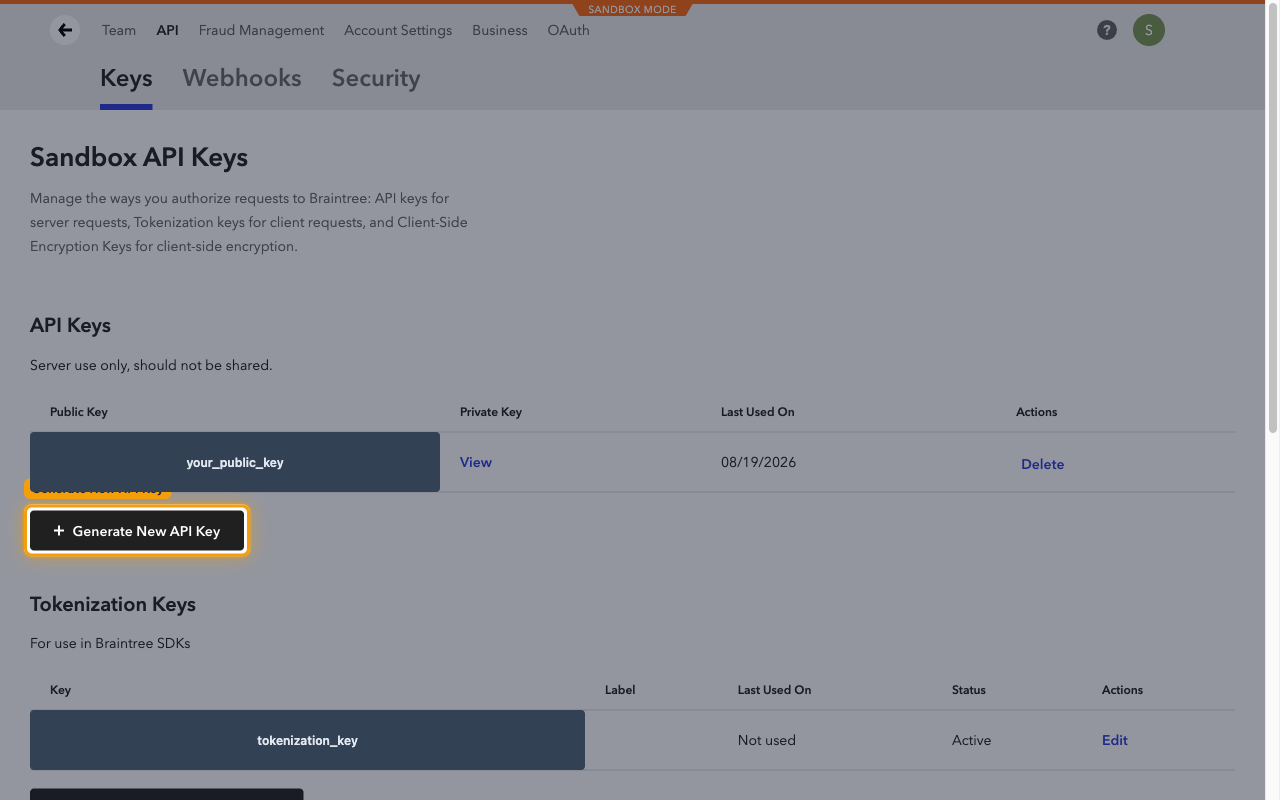 Braintree API Keys page with the Generate New API Key button highlighted.