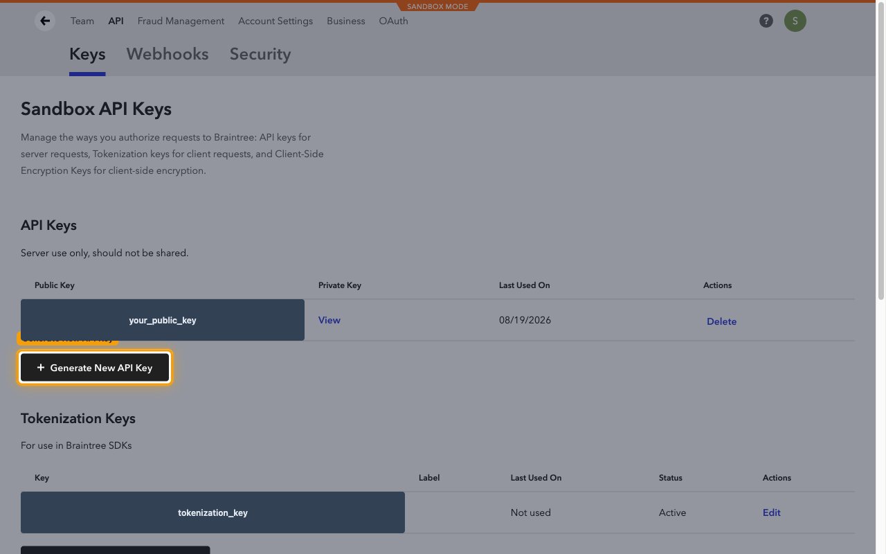 Braintree API Keys page with the Generate New API Key button highlighted.