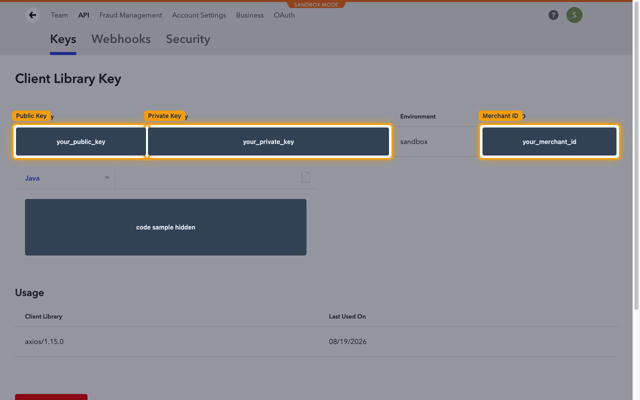 Braintree Client Library Key page with the Public Key, Private Key and Merchant ID values highlighted and redacted.
