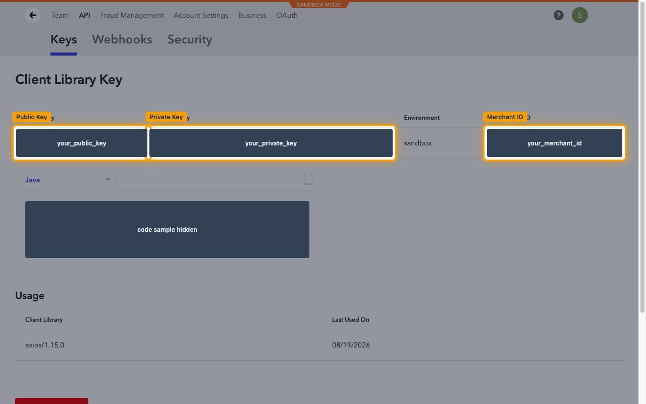 Braintree Client Library Key page with the Public Key, Private Key and Merchant ID values highlighted and redacted.